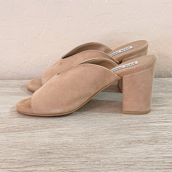 Steve Madden Sandals Slides Heels 6 Chance Tan Pink Taupe Stone Suede Leather - Picture 6 of 11